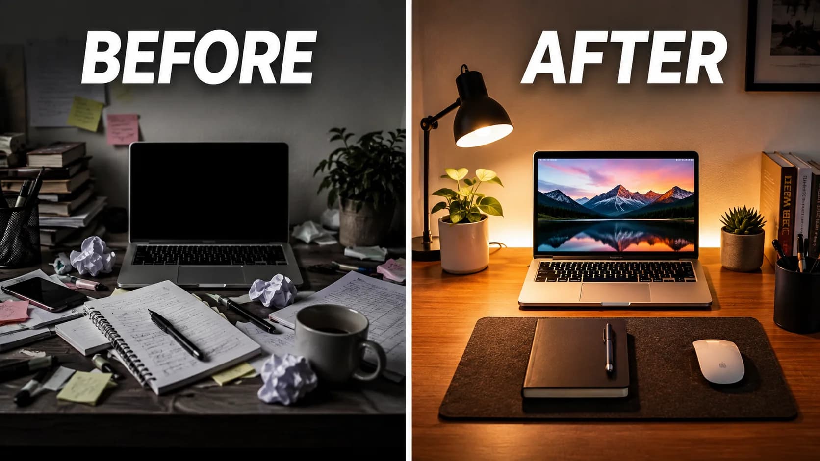 YouTube thumbnail example using the Before and After formula — split-screen comparing a cluttered desk labeled BEFORE with an organized setup labeled AFTER