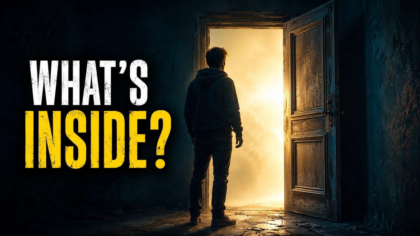 YouTube thumbnail example using the Curiosity Gap formula — silhouette of a person standing at a glowing open doorway with the question WHAT'S INSIDE?