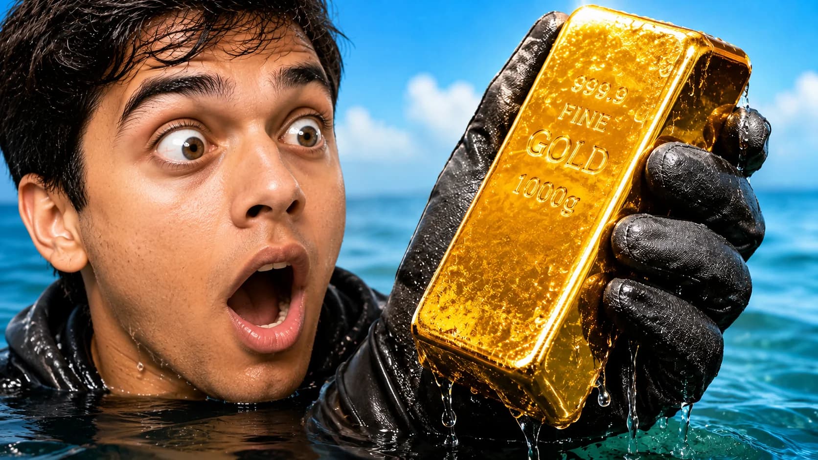 YouTube thumbnail example using the Expressive Face formula — a shocked young man emerging from water holding a large gold bar