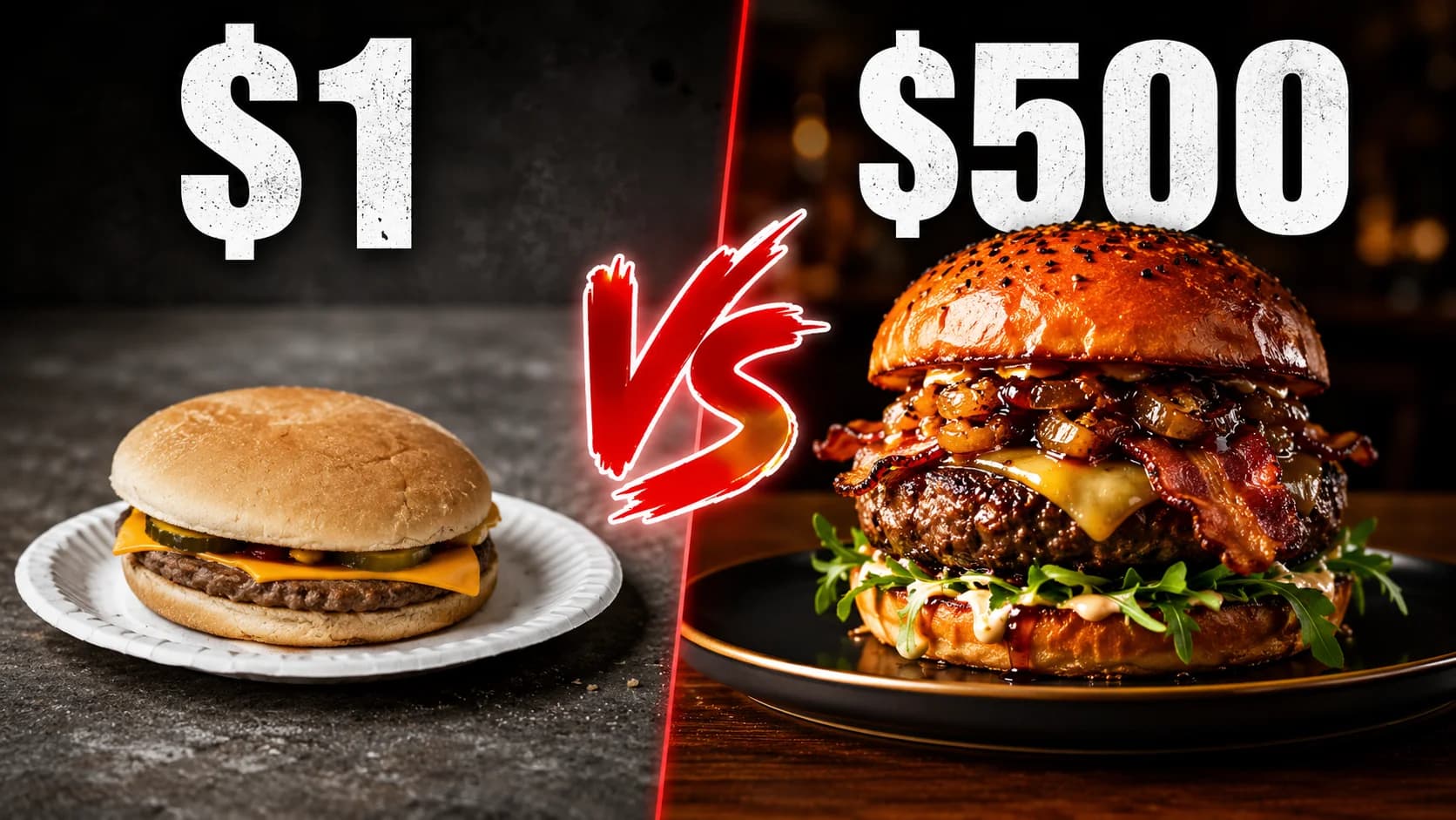 YouTube thumbnail example using the Extreme Contrast formula — a $1 basic burger compared side by side with a giant $500 loaded gourmet burger
