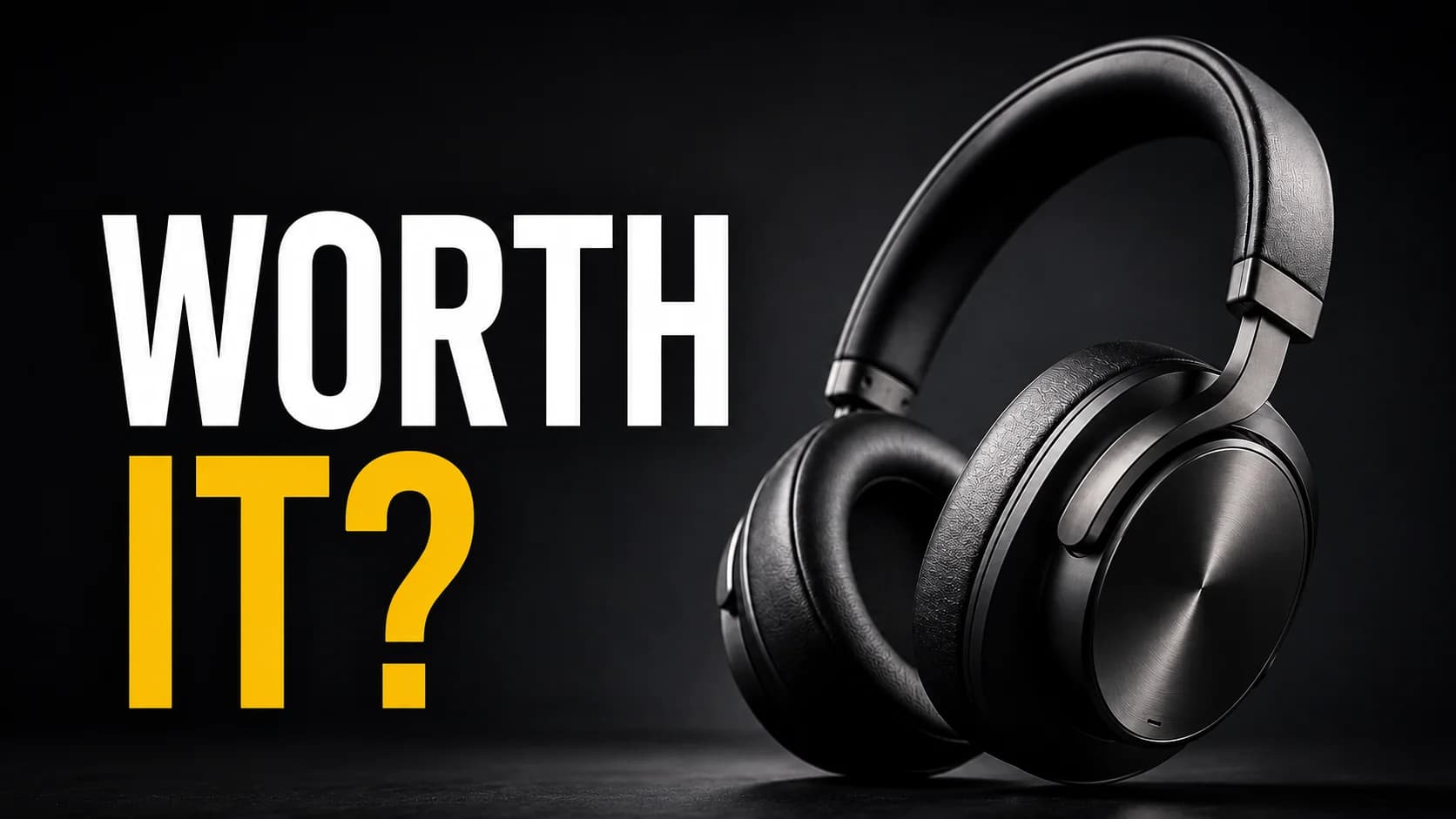 YouTube thumbnail example using the Product Hero Shot formula — sleek black wireless headphones with bold text reading WORTH IT?