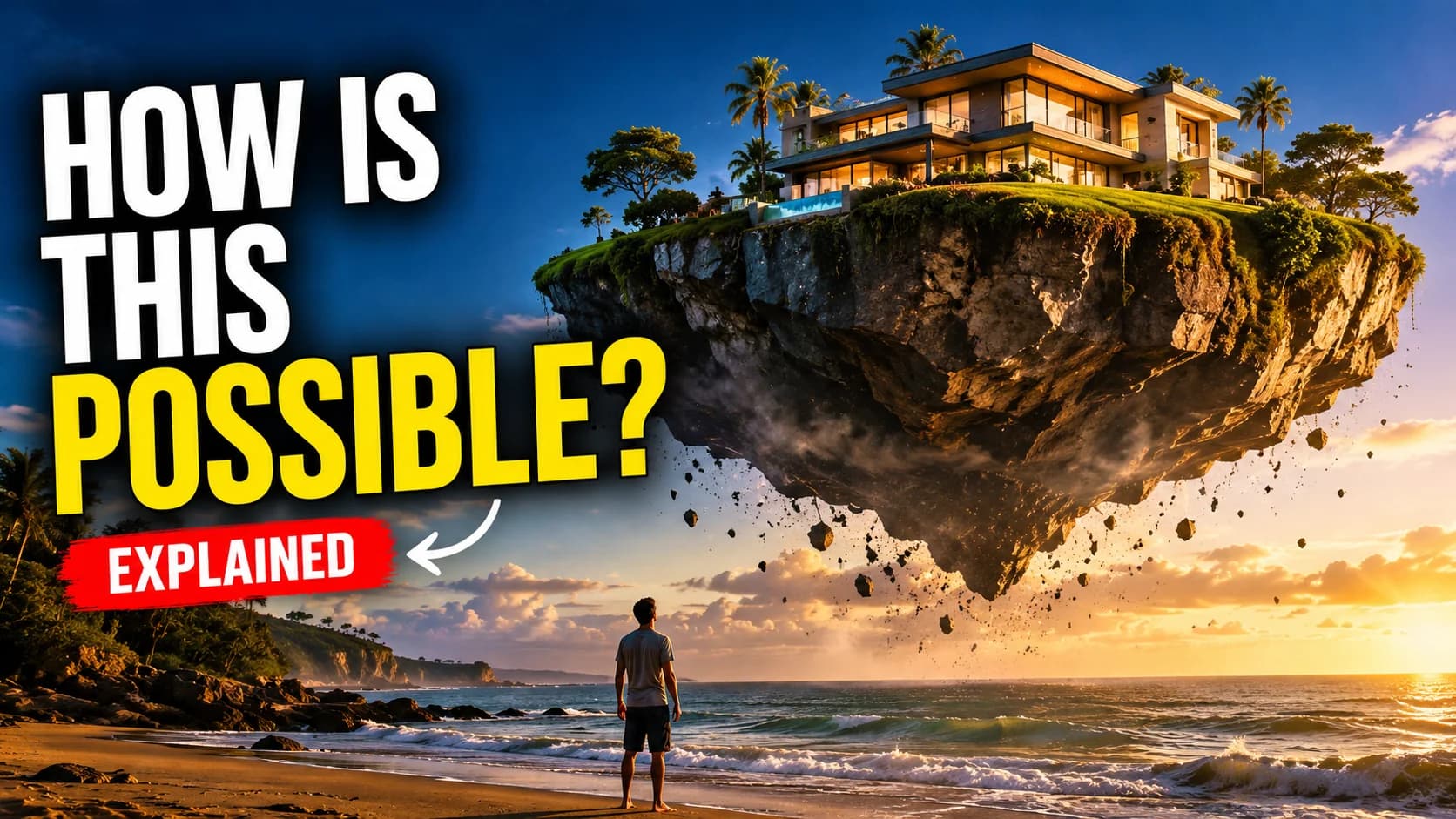 YouTube thumbnail example using the What If Scenario formula — a luxury mansion on a floating island rock above a beach with text HOW IS THIS POSSIBLE?
